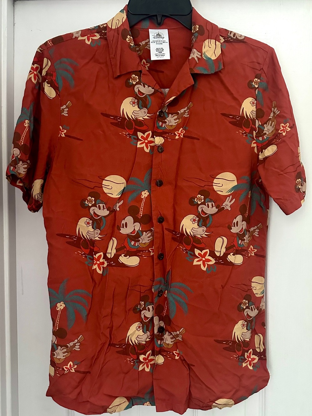 Disney Red Tropical Hawaiian Mickey Mouse Minnie Mouse Button-Down Shirt